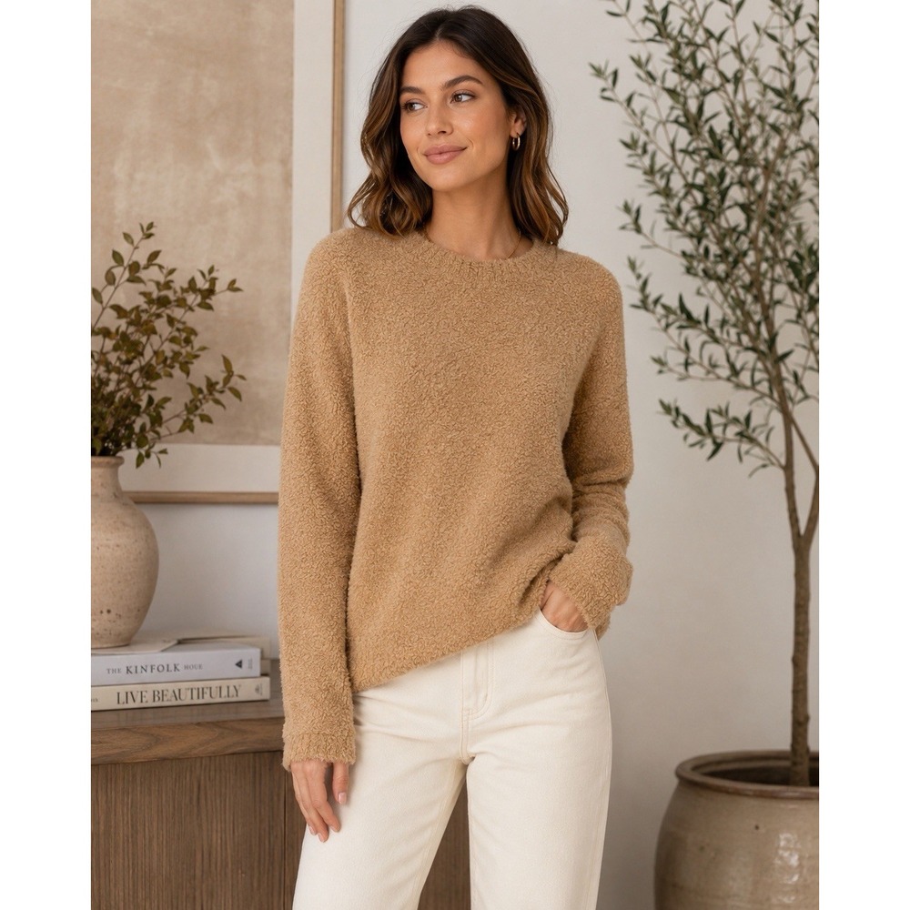 Vince Teddy Raglan Sleeve Merino Wool Sweater Camel Fuzzy‎ Cozy Medium
